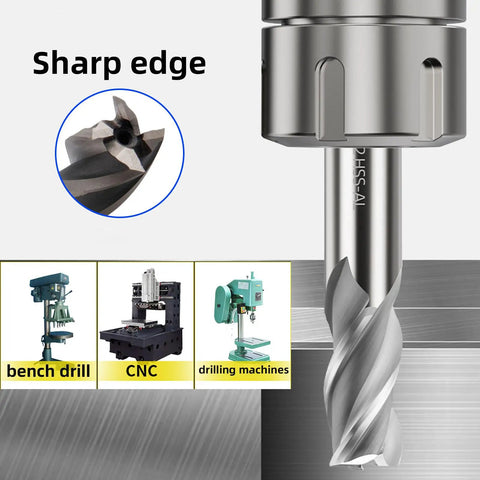 Close-up of Pro Grade HSS Square Nose End Mill Set With 4 Flute Straight Cutters, mounted on CNC machine for precise metal cutting.
