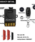 Heavy-Duty 12V Wireless Remote Switch with 30A Relay, antenna, mounting fasteners, metal keychain, DC input and output.