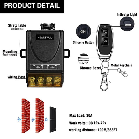 Heavy-Duty 12V Wireless Remote Switch with 30A Relay, antenna, mounting fasteners, metal keychain, DC input and output.