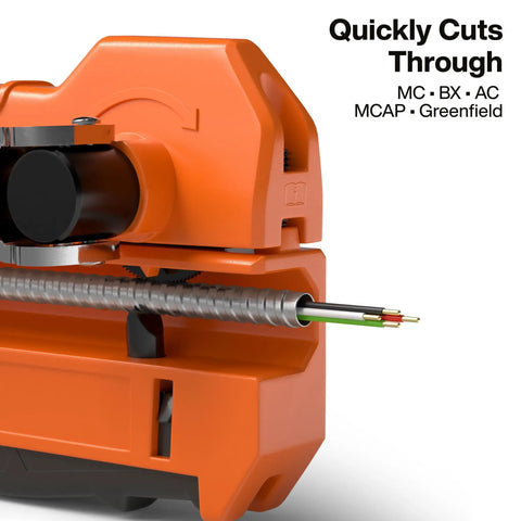 Close-up of MC Cable Cutter For BX AC MC And MCAP Three Eighths Inch Armored Cable with exposed cable ends