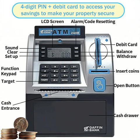 Kids ATM Piggy Bank With Debit Card And PIN Digital Coin Counter And Bill Feeder Educational Savings Toy
