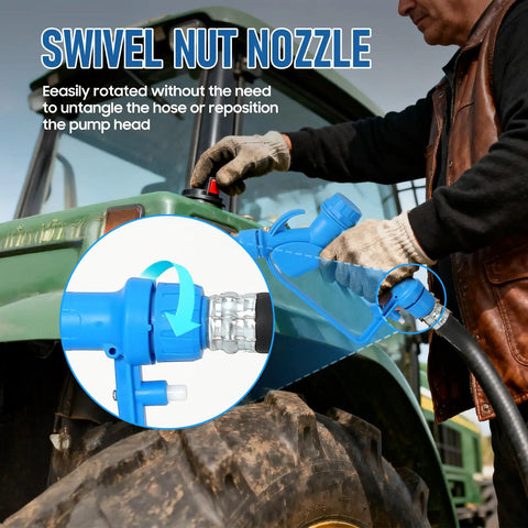 Hassle Free Electric Drum Pump With Telescopic Suction Tube And Swivel Nozzle showing easy swivel nut nozzle during diesel transfer.