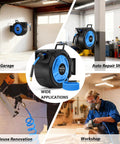 Retractable 3/8 Inch By 100 Foot Hybrid Air Hose Reel with 6.5 Foot Lead-In, Auto Lock And Release System in garage and workshop.