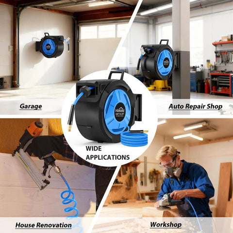 Retractable 3/8 Inch By 100 Foot Hybrid Air Hose Reel with 6.5 Foot Lead-In, Auto Lock And Release System in garage and workshop.