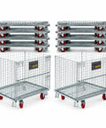 Hella Tough Collapsible Wire Storage Basket With Easy Roll Wheels, two baskets and stacked bins, galvanized steel, ideal for garage.