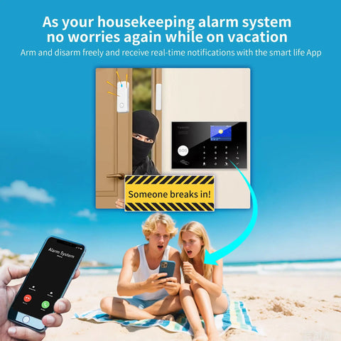 DIY WiFi Home Security Alarm System Kit With 12 Piece Bundle Including Motion Detectors, Door Sensors, Remote, Siren And App Alerts, Alexa And Google Compatible, No Monthly Fee, Works With Smart Life App, Ideal For Home Villa And Family Safety. Door sensor and app alert scene