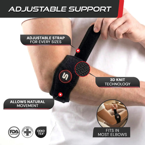 Person wearing black tennis elbow brace with adjustable strap, showing 3D knit technology. Tennis Elbow Brace For Men And Women Tendonitis And Golfer Elbow Support Counterforce Elbow Sleeve Adjustable 9 To 23 Inch Fit Pain Relief All Day Comfort Breathable Compression Black.
