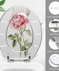 Elongated Toilet Seat White Resin for Bathroom with rose design, grip-tight bumpers, and stainless steel hinges.