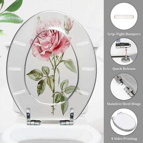 Elongated Toilet Seat White Resin for Bathroom with rose design, grip-tight bumpers, and stainless steel hinges.