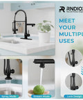 RNDIOZD Kitchen Faucet with Pull Down Sprayer, 2-Spout, Matte Black in a modern kitchen, showcasing spray and stream modes.