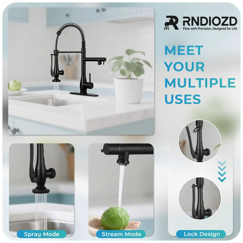 RNDIOZD Kitchen Faucet with Pull Down Sprayer, 2-Spout, Matte Black in a modern kitchen, showcasing spray and stream modes.