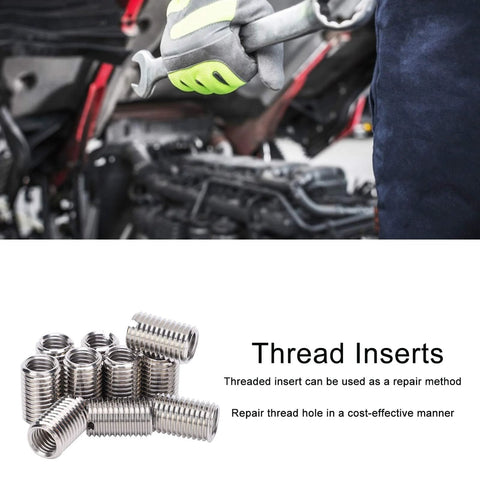 QANYEGN 10Pcs stainless steel thread inserts with sleeves; metal repair hardware components, workshop background.