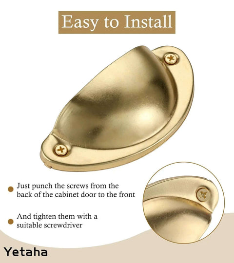 Old School Cool Vintage Brass Cup Knobs With Yellow Bronze Antique Finish For Dresser And Cabinet Drawer Upgrade Straight Up Heavy Duty Zinc Alloy Handles With 65 Millimeter Screw Spacing And Screws Included, easy to install.
