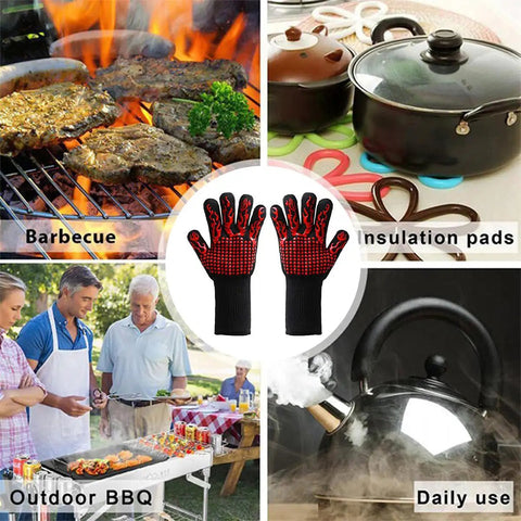 Grill Master Ready Ultimate Heat Resistant BBQ Grilling Gloves With Non Slip Silicone Grip in various cooking settings