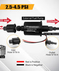 Heavy Duty 12V Inline Electric Fuel Pump Delivering Smooth 2.5 To 4.5 Psi Output with inlet and outlet hose connections.