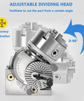 Adjustable dividing head showing 0-90° angle cuts for accurate CNC milling as part of a six inch rotary indexer.