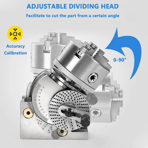 Adjustable dividing head showing 0-90° angle cuts for accurate CNC milling as part of a six inch rotary indexer.