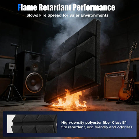 48 Pack Heavy Duty Soundproof Foam Acoustic Panels 12 X 12 Inch Wall Tiles For Podcast Setup Crank Up Vocal Clarity Toss Out Stubborn Reverbs And Give Your Studio A Quiet Glow Up Fast, shown against flames.