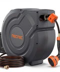 Pro Grade Retractable Garden Hose Reel Five Eighth Inch By One Hundred Feet With Nine Pattern Nozzle Wall Mounted Any Length Lock