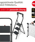 Two Sided Folding Step Ladder D60 Grab And Go Ready For A 330 Lb Capacity And Three Steps, Easy Reach In Kitchens, Garages, And Workshops, Lightweight Aluminum Build With Safe Deep Ribbed Steps. Folded aluminum step ladder with carry handle and Hailo branding.