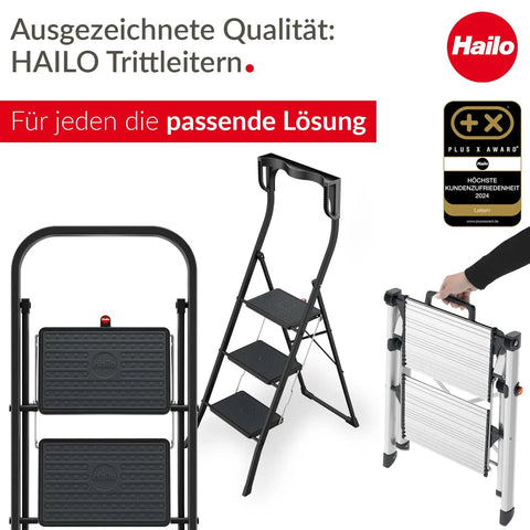 Two Sided Folding Step Ladder D60 Grab And Go Ready For A 330 Lb Capacity And Three Steps, Easy Reach In Kitchens, Garages, And Workshops, Lightweight Aluminum Build With Safe Deep Ribbed Steps. Folded aluminum step ladder with carry handle and Hailo branding.