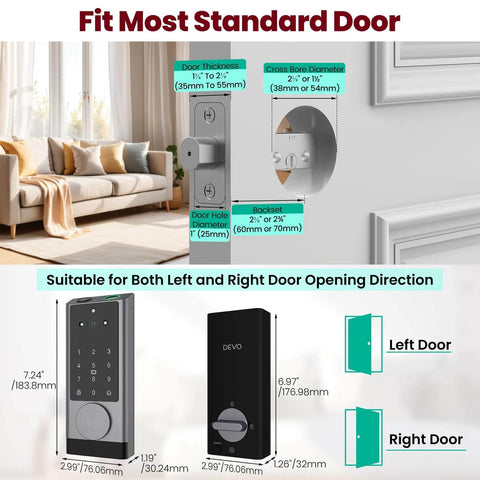Specifications for Six In One Smart Lock with Camera and Doorbell for front door, showing size, dimensions, and fitting for door thickness.