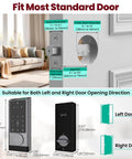 Diagram showing fitment details of a 6-In-1 Video Smart Lock With Camera And Doorbell, Fingerprint Unlock, App Remote for front doors.