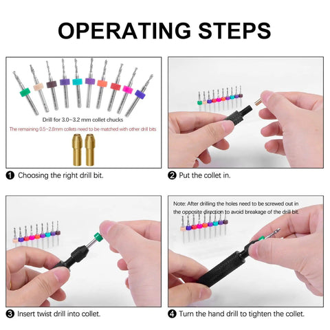 Step-by-step use of 21 In 1 Precision Pin Vise Hand Drill Set With 10 Mini Drill Bits And 10 PCB Chucks for fine detailing.