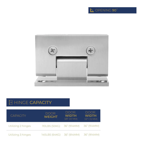 Heavy Duty 90 Degree Shower Door Hinge In Brushed Nickel, Full Back Plate, Fits 3/8 To 1/2 Inch Glass, front view