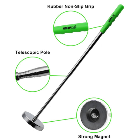 Telescopic Magnetic Floor Sweeper Pickup Tool With 35 Lb Capacity, featuring a non-slip grip, telescopic pole, and strong magnet for metal debris.