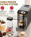 Top Shelf Fully Automatic Espresso Machine With Double Boiler And Built In Grinder For Smooth Daily Grind With 20 Bar Pressure And Crisp Gold Gray Touchscreen showing double boiler heating system and milk container.