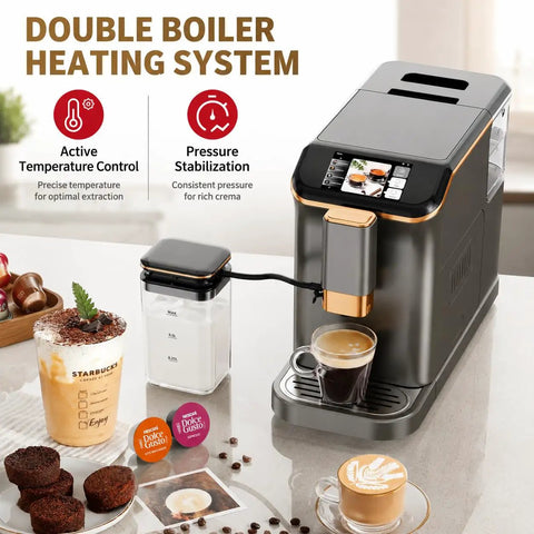 Top Shelf Fully Automatic Espresso Machine With Double Boiler And Built In Grinder For Smooth Daily Grind With 20 Bar Pressure And Crisp Gold Gray Touchscreen showing double boiler heating system and milk container.