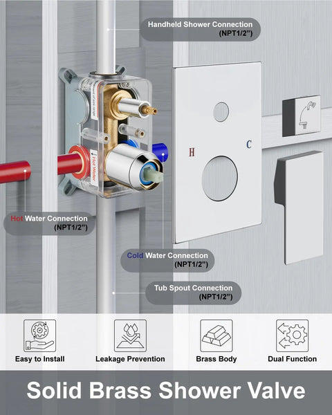 Wall Mount Bathtub Faucet With Handheld Sprayer And Waterfall Tub Filler Single Handle Chrome Finish Modern Bathroom Fixture Solid Brass Construction Corrosion Resistant 1.46 GPM, internal valve connections diagram view.