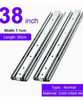 Rock Solid Heavy Duty Ball Bearing Drawer Slides For Full Extension Cabinet Storage With Smooth Three Fold Motion And Ultra Quiet Glide 38 Inch Side Mount Hardware Pair shown with dimensions and steel material details.