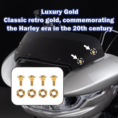 Luxury gold titanium windshield bolts set for Street Glide and Road Glide, high strength, corrosion resistant.