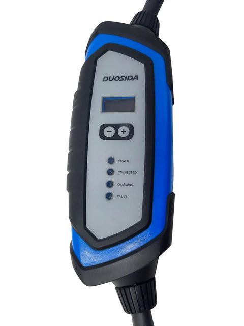Road Trip Ready Level 2 EV Charger With 240V 32A Output And Portable Charging Cable Featuring 25 Foot Durable Cord and Nema 14-50P Plug, close-up view.