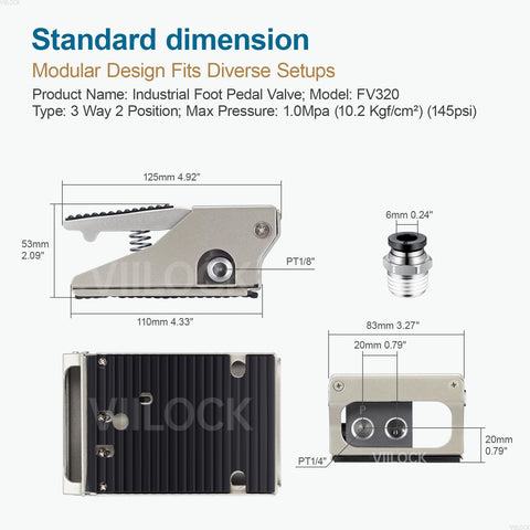 Industrial Pneumatic Foot Pedal Valve Kit One Quarter Inch NPT Three Way Two Position Momentary Foot Switch Nonslip Control FV320 measurements
