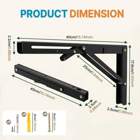 Two Pack 16 Inch Folding Shelf Brackets dimensions and included screws, wall mounted shelving brackets for kitchen bathroom garage