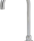 Monterrey Faucet With No Splash Laminar Flow Base In Gooseneck Spout Chrome Finish Five Inch Reach Convertible Rigid Swivel Spout Ten And Five Eighths Inch Overall Height Six And A Half Inch Outlet Height Ceramic Disc Valve Ideal For Healthcare, side view.