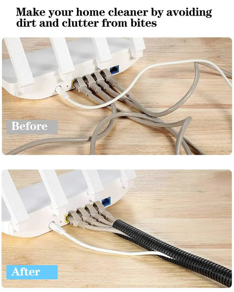 Before and after use of 1/4 Inch Wire Loom Split Tubing 33 Ft Black Cord Protector For Electrical Wires, showing organized cables.