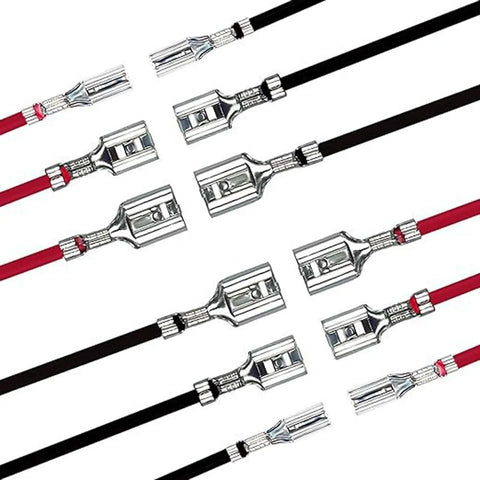 Thirty Piece Pack Female Speaker Wire Connectors With Pre Wired 18 Awg Red And Black Cables Nylon Sleeve Spade Terminals.