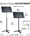 Effortless height adjustment of Durable Sheet Music Stand for Musicians Pro Grade 48 Symphony Model Adjustable Height 26 to 48 Inches