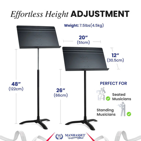 Effortless height adjustment of Durable Sheet Music Stand for Musicians Pro Grade 48 Symphony Model Adjustable Height 26 to 48 Inches