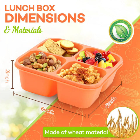 Image of Four Compartment Bento Lunch Box Pack For Meal Prep, Stackable Reusable Containers, BPA Free Wheat Straw, showing dimensions.