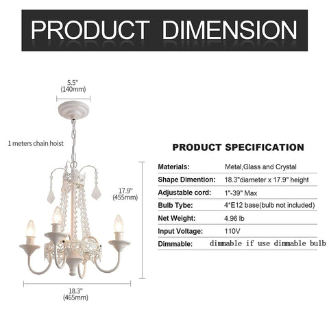 Crystal Mini French Country 4 Light Chandelier In White Finish Candle Style Ceiling Fixture dimensions and specifications