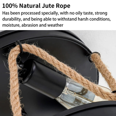 Close-up of rope detail on Industrial Three Light Farmhouse Ceiling Fixture With Rope Shade In Rustic Black Metal, bulb visible