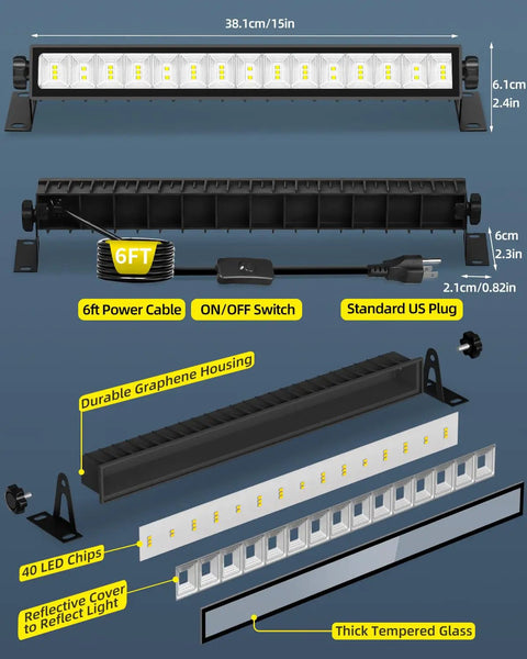 Super Brighter 5400LM 45W LED Shop Light With 6Ft Cord And On Off Switch For Garage Workshop IP66 Waterproof Outdoor Bay Lighting 6000K Daylight White Durable Aluminum Housing shown with components and dimensions.