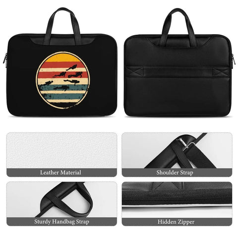 Vintage Scuba Inspired Laptop Tote Bag Leather Computer Case For Work Go To Carryall 42x30.5 cm Black Style front and details
