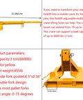 Heavy Duty Forklift Telescopic Jib Boom Attachment With Adjustable Mobile Crane Hoist Rock Solid Steel Truss Design Built Tough To Handle The Heavy Stuff And Tow Up To 6614 Lbs, 12.14ft reach, yellow color.