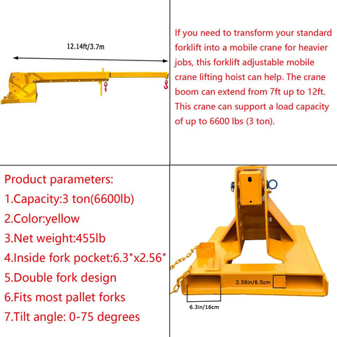 Heavy Duty Forklift Telescopic Jib Boom Attachment With Adjustable Mobile Crane Hoist Rock Solid Steel Truss Design Built Tough To Handle The Heavy Stuff And Tow Up To 6614 Lbs, 12.14ft reach, yellow color.